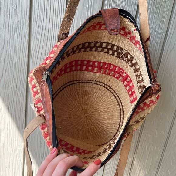 VTG Handwoven Sisal Tote Bag Leather Handles Boho Market Beach Purse - Picture 7 of 10